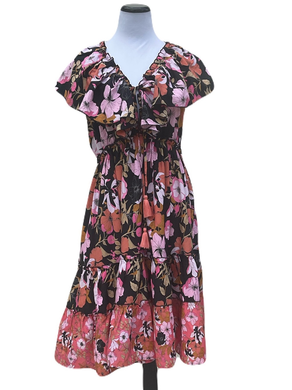 RAGA Floral Ruffle Midi Dress in Black and Pink Size Large